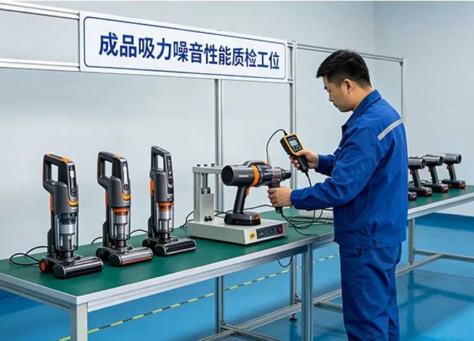 QC inspector tests suction power and noise performance of finished portable car vacuum cleaner